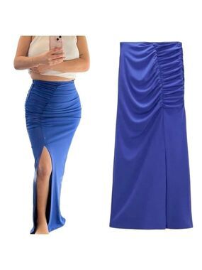 Zara High Rise Front Slit Draped Front Midi Fitted Stretch Skirt
